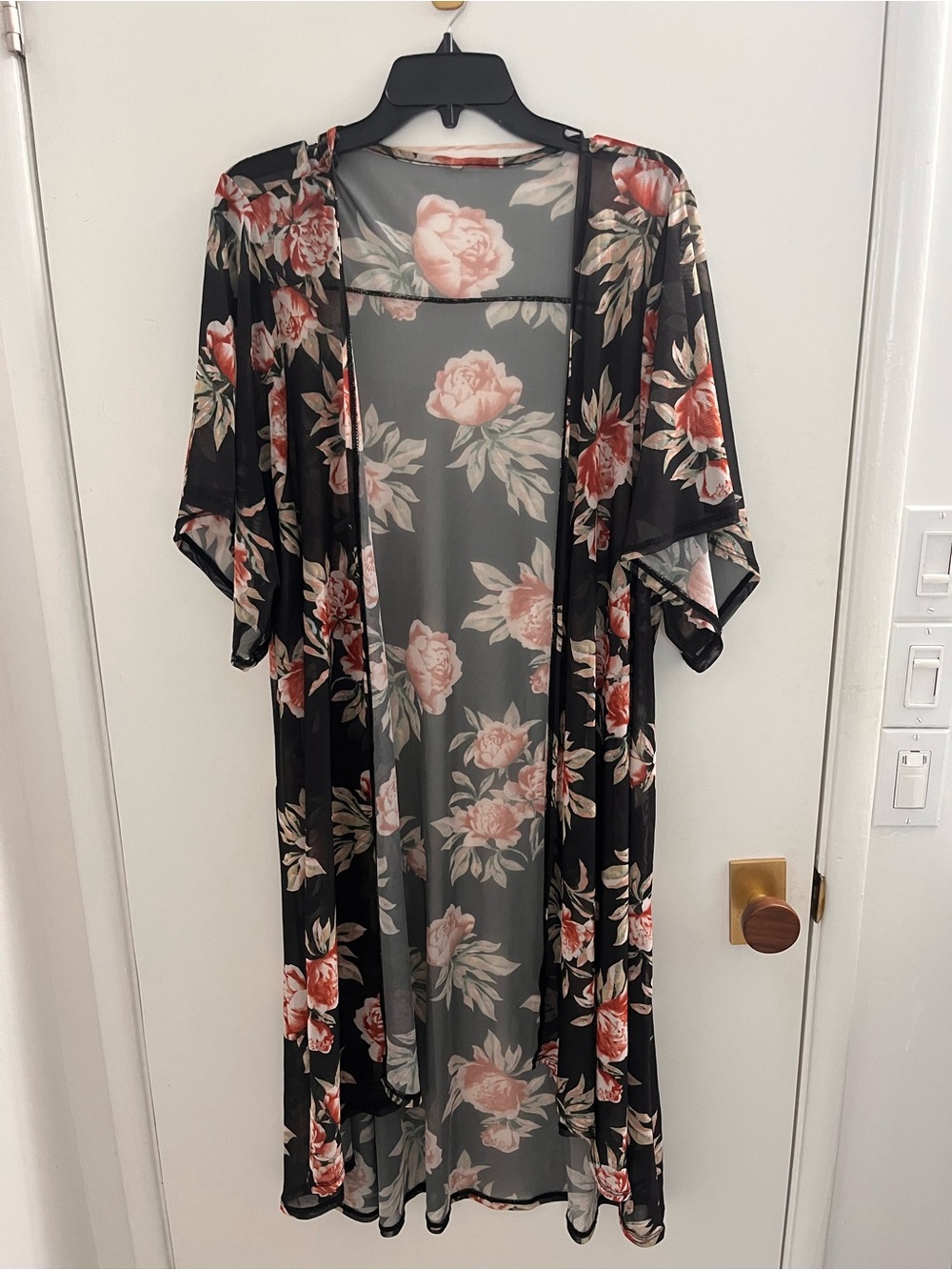 Floral Sheer Kimono Robe - Black with Pink Rose Print